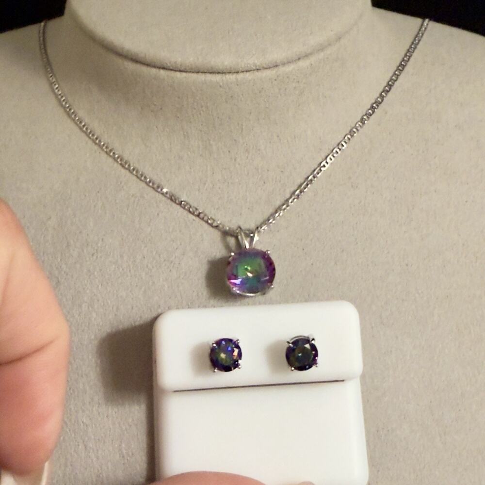925 Sterling Silver Mystic Topaz 18in Necklace & Stud Earrings Combo Set~ New